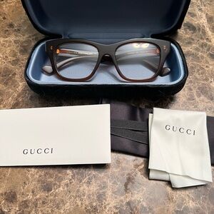 Gucci Dark Brown Rectangular Optical Frames with Gold Detail